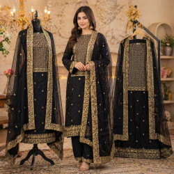 Veeran Fashions Midnight Black Georgette Gold-Embroidered Unstitched Suit Veeran Fashions Midnight Black Georgette Gold-Embroidered Unstitched Suit