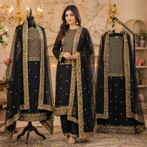 Veeran Fashions Midnight Black Georgette Gold-Embroidered Unstitched Suit