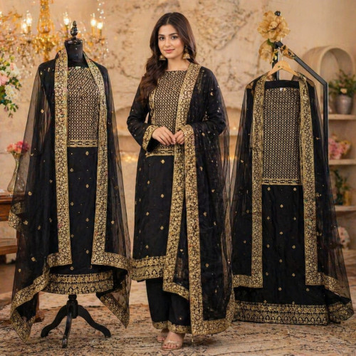 Veeran Fashions Midnight Black Georgette Gold-Embroidered Unstitched Suit Veeran Fashions Midnight Black Georgette Gold-Embroidered Unstitched Suit