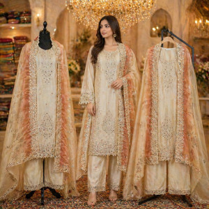Veeran Fashions Chiku Brown Glitter Shimmer Hand-Embroidered Unstitched Suit Set