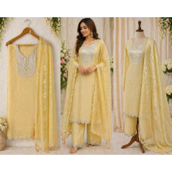 Veeran Fashions Pastel Yellow Shimmer Mirror Work Unstitched Suit Set Veeran Fashions Pastel Yellow Shimmer Mirror Work Unstitched Suit Set