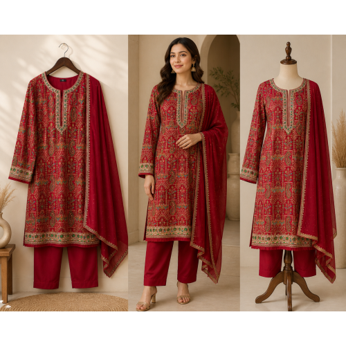 Veeran Fashions Maroon Crepe Hand-Embroidered Boutique Unstitched Suit Set