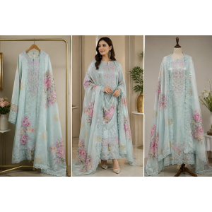 Veeran Fashions Pastel Seafoam Shimmer Floral Boutique Unstitched Suit Set