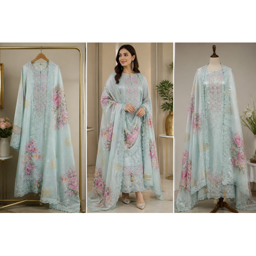 Veeran Fashions Pastel Seafoam Shimmer Floral Boutique Unstitched Suit Set