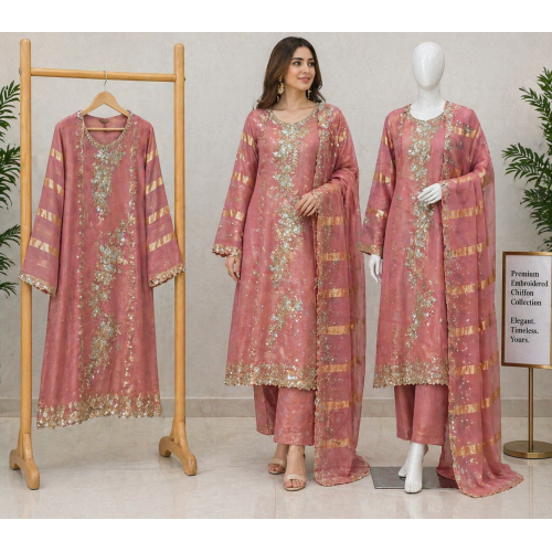 Veeran Fashions Rose Gold Designer Unstitched Suit with Fancy Dupatta Set Veeran Fashions Rose Gold Designer Unstitched Suit with Fancy Dupatta Set