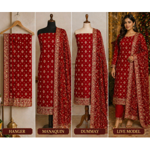 Veerran Fashions Royal Red Chinon Unstitched Suit with Upada Silk Bottom & Pure Dupatta