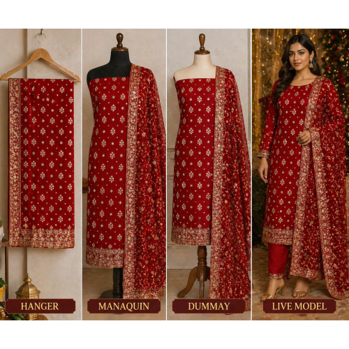 Veerran Fashions Royal Red Chinon Unstitched Suit with Upada Silk Bottom & Pure Dupatta Veerran Fashions Royal Red Chinon Unstitched Suit with Upada Silk Bottom & Pure Dupatta