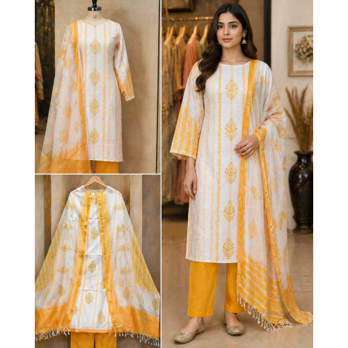 Veeran Fashions Sunshine Offwhite Cotton Unstitched Suit with Yellow Butti Print Dupatta Veeran Fashions Sunshine Offwhite Cotton Unstitched Suit with Yellow Butti Print Dupatta