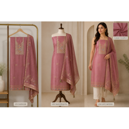 Veerran Fashions Dusty Rose Glass Silk Unstitched Suit with Shantoon Bottom & Fancy Floral Dupatta Veerran Fashions Dusty Rose Glass Silk Unstitched Suit with Shantoon Bottom & Fancy Floral Dupatta