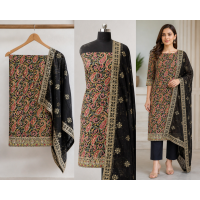 Veeran Fashions Premium Black Paisley Chinon Unstitched Boutique Suit Set Veeran Fashions Premium Black Paisley Chinon Unstitched Boutique Suit Set