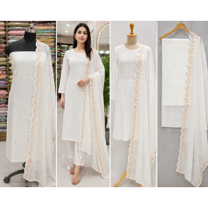 Veeran Fashions Offwhite Elegance Mal Cotton Unstitched Suit with Fancy Thread Work Dupatta