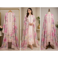 Veeran Fashions Pastel Pink Slub Cotton Floral Boutique Unstitched Suit Set Veeran Fashions Pastel Pink Slub Cotton Floral Boutique Unstitched Suit Set