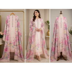 Veeran Fashions Pastel Pink Slub Cotton Floral Boutique Unstitched Suit Set Veeran Fashions Pastel Pink Slub Cotton Floral Boutique Unstitched Suit Set