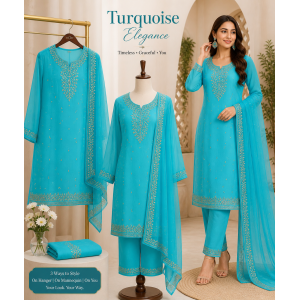 Veerran Fashions Turquoise Blue Twill Silk Unstitched Suit