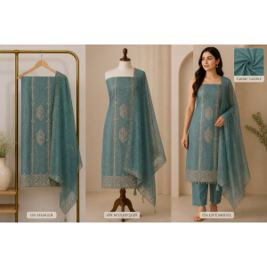Veerran Fashions Sea Green Barbari Silk Unstitched Suit with Opada Bottom & Pure Chiffon Dupatta