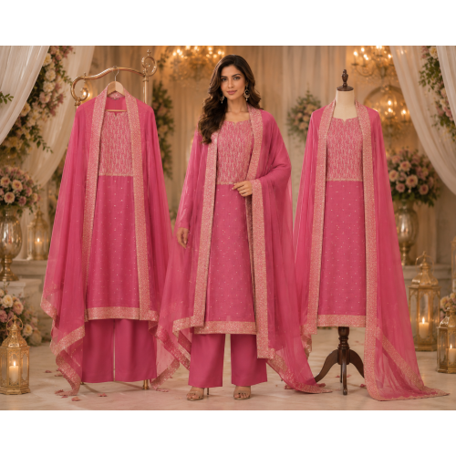 Rose Pink Georgette Embroidered Unstitched Suit with Chiffon Dupatta Rose Pink Georgette Embroidered Unstitched Suit with Chiffon Dupatta