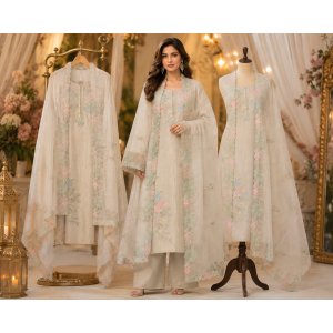 Ivory Pearl Crush Tissue Floral Embroidered Unstitched Suit Ivory Pearl Crush Tissue Floral Embroidered Unstitched Suit