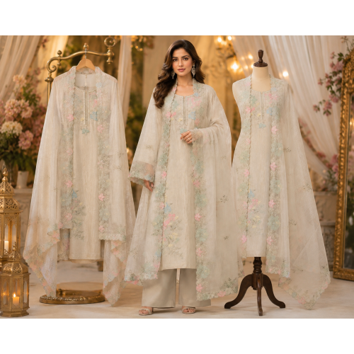 Ivory Pearl Crush Tissue Floral Embroidered Unstitched Suit Ivory Pearl Crush Tissue Floral Embroidered Unstitched Suit