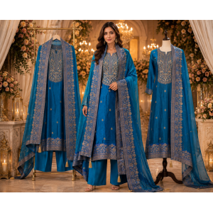 Royal Peacock Blue Kalamkaari Unstitched Suit Set Royal Peacock Blue Kalamkaari Unstitched Suit Set