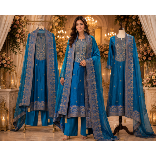 Royal Peacock Blue Kalamkaari Unstitched Suit Set