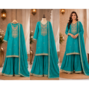 Turquoise Noor Embroidered Silk Stitched Farshi Salwar Suit Turquoise Noor Embroidered Silk Stitched Farshi Salwar Suit