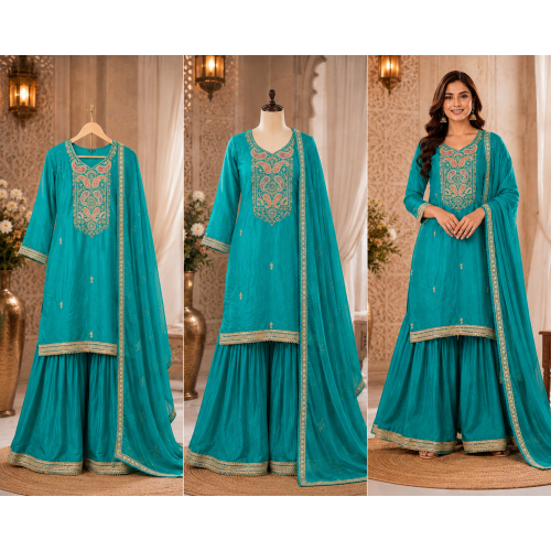 Turquoise Noor Embroidered Silk Stitched Farshi Salwar Suit Turquoise Noor Embroidered Silk Stitched Farshi Salwar Suit