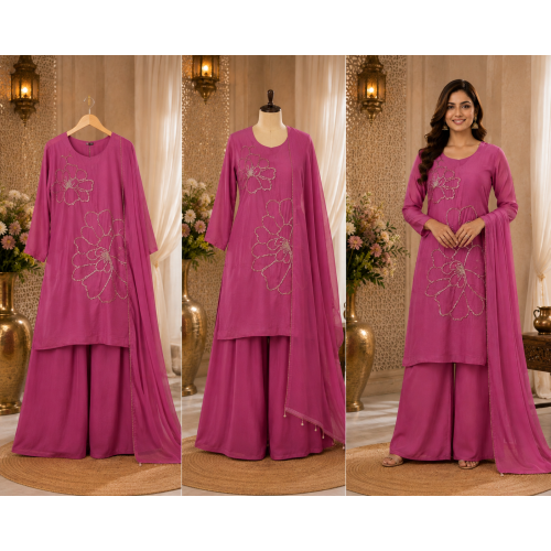 Gulabi Noor Chenon Embroidered Stitched Kameez Palazzo Set Gulabi Noor Chenon Embroidered Stitched Kameez Palazzo Set
