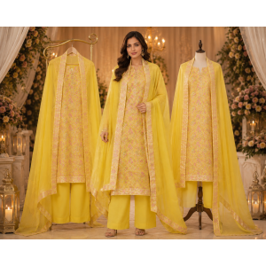Sunshine Yellow Kheem Khaab Floral Unstitched Suit with Chinon Dupatta Sunshine Yellow Kheem Khaab Floral Unstitched Suit with Chinon Dupatta