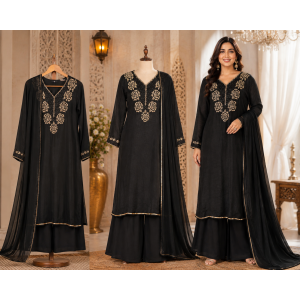 Midnight Black Chenon Embroidered Stitched Kameez Plazo Set Midnight Black Chenon Embroidered Stitched Kameez Plazo Set