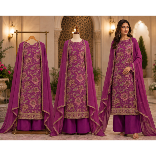 Royal Purple Crape Floral Embroidered Unstitched Suit Royal Purple Crape Floral Embroidered Unstitched Suit