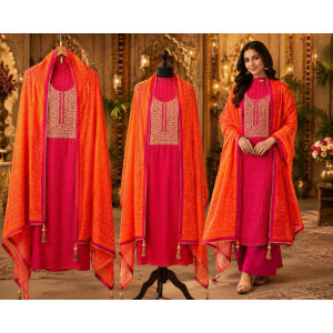 Rani Pink & Orange Festive Silk Unstitched Suit Rani Pink & Orange Festive Silk Unstitched Suit