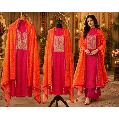 Rani Pink & Orange Festive Silk Unstitched Suit Rani Pink & Orange Festive Silk Unstitched Suit