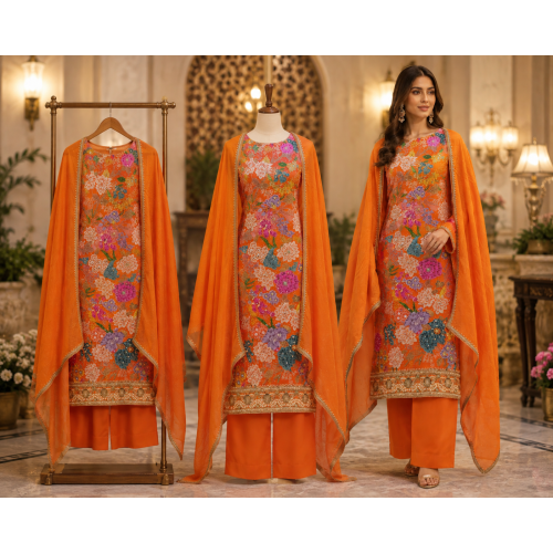 Tangerine Bloom Crape Embroidered Unstitched Suit Set Tangerine Bloom Crape Embroidered Unstitched Suit Set
