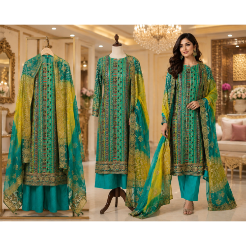 Emerald Teal Heritage Chenon Unstitched Suit with Pure Chiffon Dupatta Emerald Teal Heritage Chenon Unstitched Suit with Pure Chiffon Dupatta