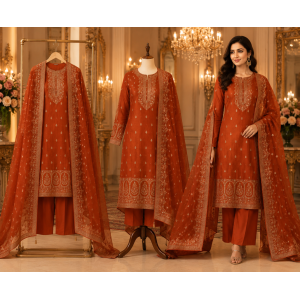 Royal Rust Dola Silk Heritage Unstitched Suit Royal Rust Dola Silk Heritage Unstitched Suit