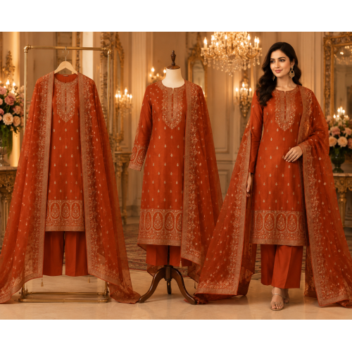 Royal Rust Dola Silk Heritage Unstitched Suit Royal Rust Dola Silk Heritage Unstitched Suit