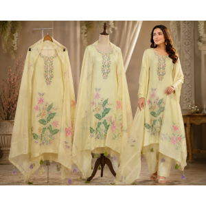 Pastel Bloom Lemon Shimmer Unstitched Suit Set Pastel Bloom Lemon Shimmer Unstitched Suit Set