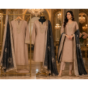 Royal Champagne Beige Organza Unstitched Suit with Charcoal Dupatta Royal Champagne Beige Organza Unstitched Suit with Charcoal Dupatta