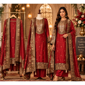 Royal Maroon Banarasi Silk Unstitched Suit with Heritage Woven Dupatta Royal Maroon Banarasi Silk Unstitched Suit with Heritage Woven Dupatta