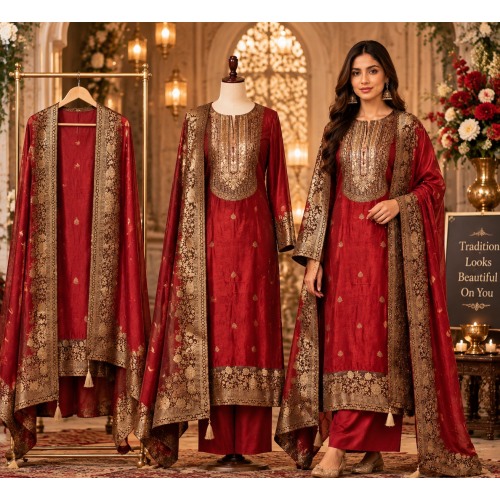 Royal Maroon Banarasi Silk Unstitched Suit with Heritage Woven Dupatta Royal Maroon Banarasi Silk Unstitched Suit with Heritage Woven Dupatta