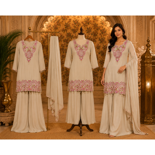 Ivory Rose Embroidered Crape Farshi Salwar Kameez Set Ivory Rose Embroidered Crape Farshi Salwar Kameez Set