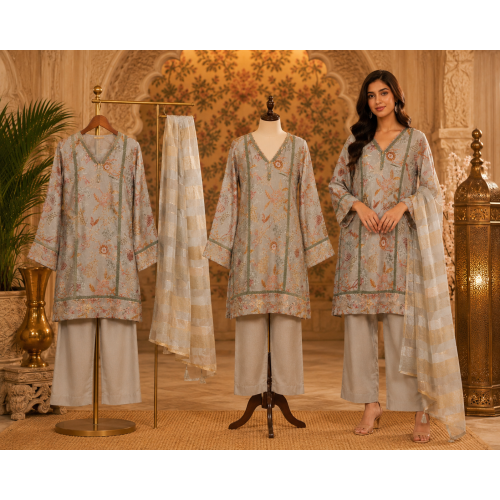 Mist Grey Floral Silk Stitched Farshi Salwar Kameez Set Mist Grey Floral Silk Stitched Farshi Salwar Kameez Set