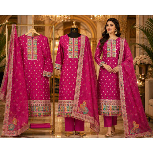 Rani Pink Shimmer Dola Designer Unstitched Suit with Ornate Dupatta Rani Pink Shimmer Dola Designer Unstitched Suit with Ornate Dupatta
