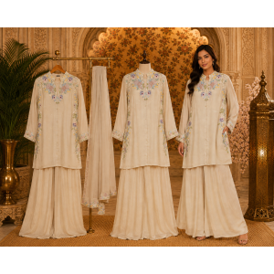 Ivory Blossom Embroidered Chenon Stitched Co-Ord Set Ivory Blossom Embroidered Chenon Stitched Co-Ord Set