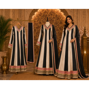 Ivory & Black Regal Crape Stitched Anarkali Set Ivory & Black Regal Crape Stitched Anarkali Set