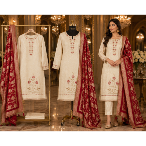 Royal Ivory Maroon Shimmer Unstitched Suit with Organza Dupatta Royal Ivory Maroon Shimmer Unstitched Suit with Organza Dupatta