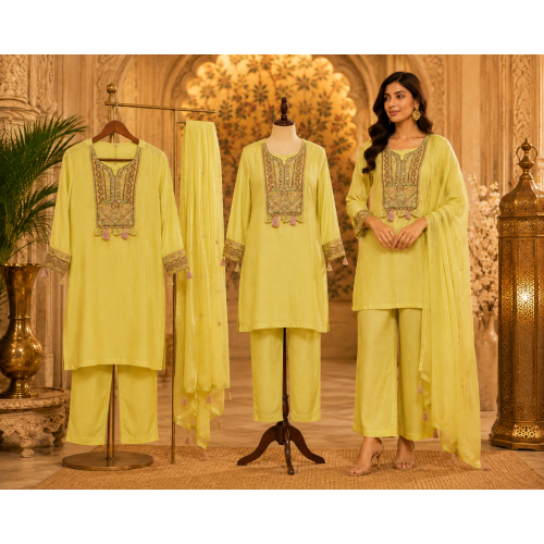 Lemon Aura Embroidered Crape Stitched Co-Ord Set Lemon Aura Embroidered Crape Stitched Co-Ord Set