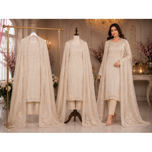 Ivory Pearl Crush Unstitched Suit with Elegant Crush Dupatta Ivory Pearl Crush Unstitched Suit with Elegant Crush Dupatta