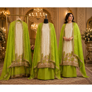 Lime Blossom Shimmer Designer Unstitched Suit Set with Chenon Dupatta Lime Blossom Shimmer Designer Unstitched Suit Set with Chenon Dupatta