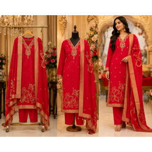Royal Scarlet Dola Silk Embroidered Unstitched Suit Set